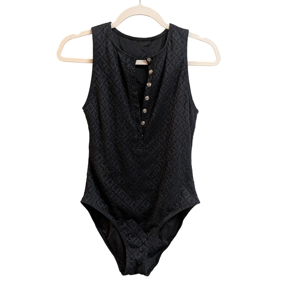 Andie Swim The Malibu Eyelet One Piece Swimsuit Black Henley Snap Front Approx S - Picture 5 of 12